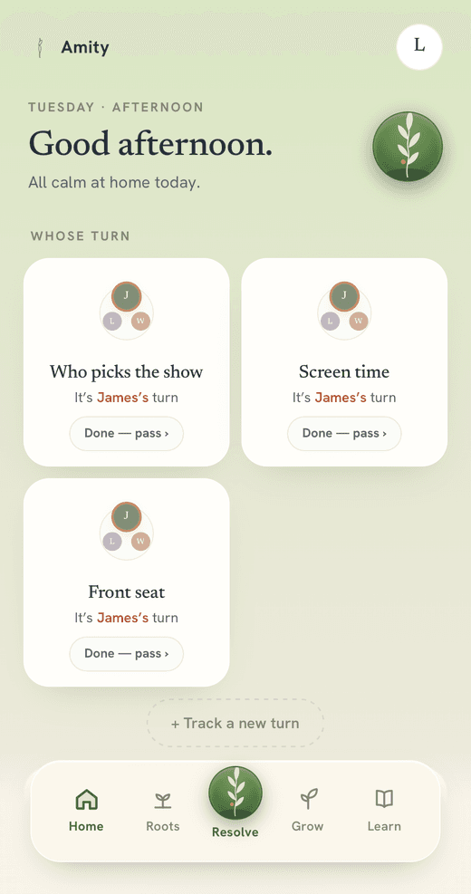The Amity home screen showing whose turn it is